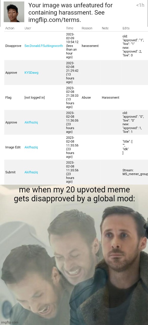 danny is still here flagging shit | me when my 20 upvoted meme gets disapproved by a global mod: | made w/ Imgflip meme maker