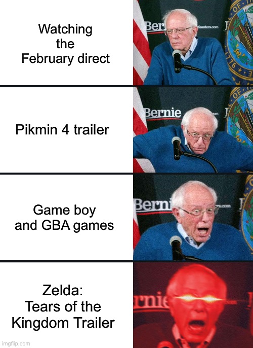 Watching the Nintendo direct be like | Watching the February direct; Pikmin 4 trailer; Game boy and GBA games; Zelda: Tears of the Kingdom Trailer | image tagged in bernie sanders reaction nuked,nintendo,nintendo switch,the legend of zelda,pikmin,gameboy | made w/ Imgflip meme maker