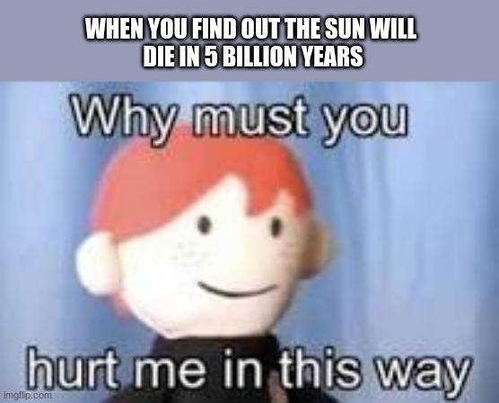 Why must you hurt me in this way | WHEN YOU FIND OUT THE SUN WILL 
DIE IN 5 BILLION YEARS | image tagged in why must you hurt me in this way | made w/ Imgflip meme maker