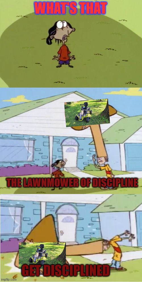 Rolf's Hat of Discipline | WHAT'S THAT THE LAWNMOWER OF DISCIPLINE GET DISCIPLINED | image tagged in rolf's hat of discipline | made w/ Imgflip meme maker