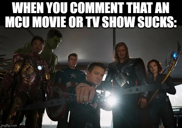 Say That Again? | WHEN YOU COMMENT THAT AN MCU MOVIE OR TV SHOW SUCKS: | image tagged in mcu | made w/ Imgflip meme maker