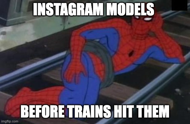 Sexy Railroad Spiderman | INSTAGRAM MODELS; BEFORE TRAINS HIT THEM | image tagged in memes,sexy railroad spiderman,spiderman | made w/ Imgflip meme maker