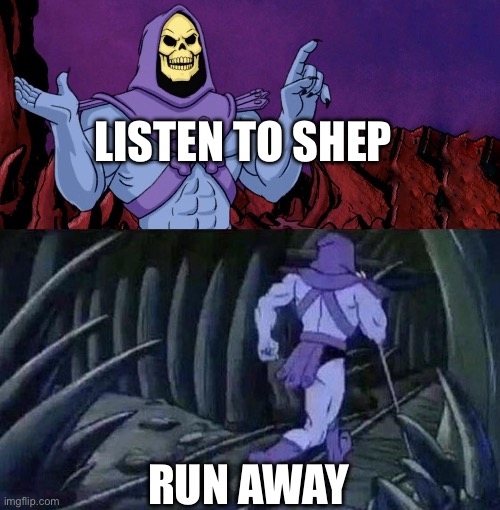 When Shep memes | LISTEN TO SHEP; RUN AWAY | image tagged in he man skeleton advices,memes | made w/ Imgflip meme maker