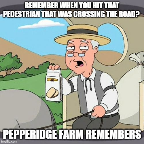 Remember? | REMEMBER WHEN YOU HIT THAT PEDESTRIAN THAT WAS CROSSING THE ROAD? PEPPERIDGE FARM REMEMBERS | image tagged in memes,pepperidge farm remembers | made w/ Imgflip meme maker
