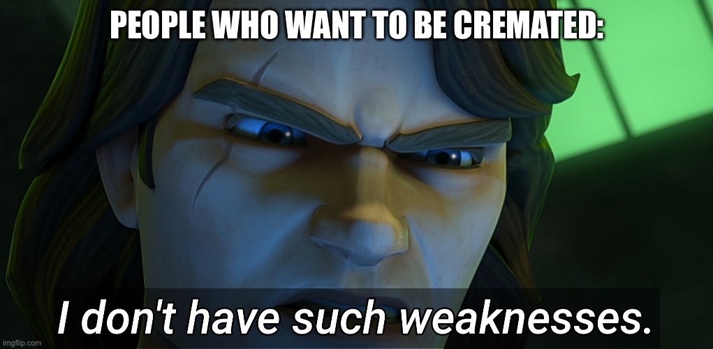 Cremation | PEOPLE WHO WANT TO BE CREMATED: | image tagged in i don't have such weaknesses anakin | made w/ Imgflip meme maker