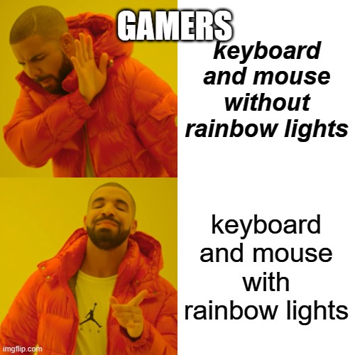 Drake Hotline Bling Meme | GAMERS; keyboard and mouse without rainbow lights; keyboard and mouse with rainbow lights | image tagged in memes,drake hotline bling | made w/ Imgflip meme maker