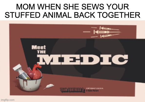 Moms are the best | MOM WHEN SHE SEWS YOUR STUFFED ANIMAL BACK TOGETHER | image tagged in meet the medic | made w/ Imgflip meme maker