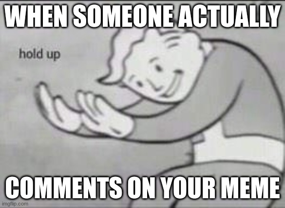 Fallout Hold Up | WHEN SOMEONE ACTUALLY; COMMENTS ON YOUR MEME | image tagged in fallout hold up,what | made w/ Imgflip meme maker