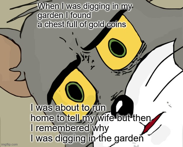 Unsettled Tom Meme | When I was digging in my 
garden I found a chest full of gold coins; I was about to run home to tell my wife but then 
I remembered why I was digging in the garden | image tagged in memes,unsettled tom | made w/ Imgflip meme maker