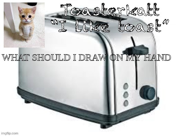 what sould I dwaw | WHAT SHOULD I DRAW ON MY HAND | image tagged in toasterkatt toast template | made w/ Imgflip meme maker