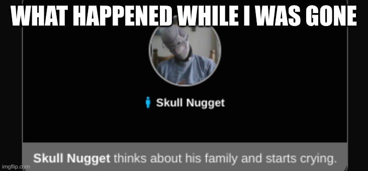 I mean, whats with all the comment bans all of a sudden? Andrew again? | WHAT HAPPENED WHILE I WAS GONE | image tagged in skull nugget depression | made w/ Imgflip meme maker