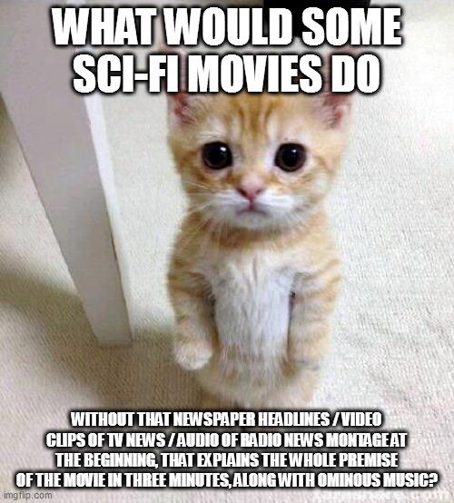 they'd be much longer | WHAT WOULD SOME SCI-FI MOVIES DO; WITHOUT THAT NEWSPAPER HEADLINES / VIDEO CLIPS OF TV NEWS / AUDIO OF RADIO NEWS MONTAGE AT THE BEGINNING, THAT EXPLAINS THE WHOLE PREMISE OF THE MOVIE IN THREE MINUTES, ALONG WITH OMINOUS MUSIC? | image tagged in memes,cute cat | made w/ Imgflip meme maker