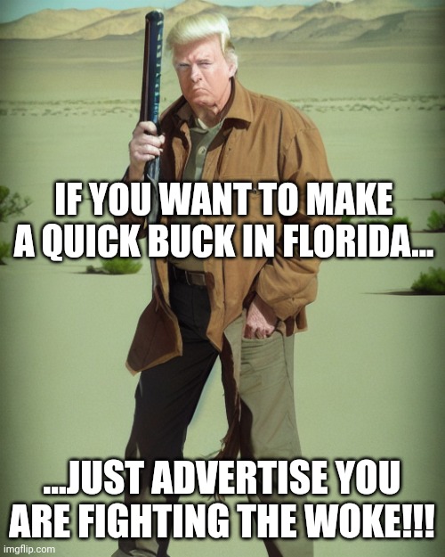 Billboards with the actual worda WOKE on them?  Holy shit!! | IF YOU WANT TO MAKE A QUICK BUCK IN FLORIDA... ...JUST ADVERTISE YOU ARE FIGHTING THE WOKE!!! | image tagged in maga action man | made w/ Imgflip meme maker