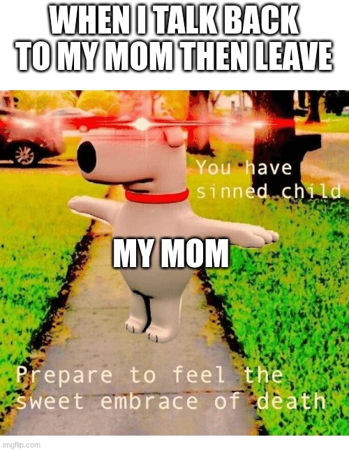 You have sinned child prepare to feel the sweet embrace of death | WHEN I TALK BACK TO MY MOM THEN LEAVE; MY MOM | image tagged in you have sinned child prepare to feel the sweet embrace of death | made w/ Imgflip meme maker