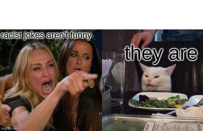 are they funny? | racist jokes aren't funny; they are | image tagged in memes,woman yelling at cat | made w/ Imgflip meme maker