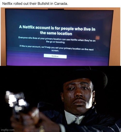 Good bye Netflix | image tagged in crying man with gun | made w/ Imgflip meme maker