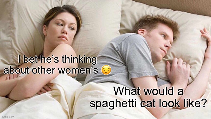 Seriously does anyone know the answer to his question? | I bet he’s thinking about other women’s 😒; What would a spaghetti cat look like? | image tagged in memes,i bet he's thinking about other women | made w/ Imgflip meme maker