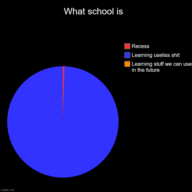 What school is  | Learning stuff we can use in the future, Learning useliss shit, Recess | image tagged in charts,pie charts | made w/ Imgflip chart maker