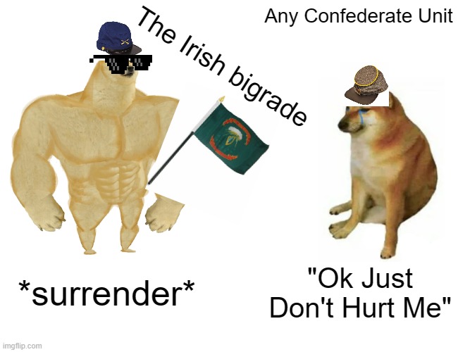 Buff Doge vs. Cheems | Any Confederate Unit; The Irish bigrade; *surrender*; "Ok Just Don't Hurt Me" | image tagged in memes,buff doge vs cheems | made w/ Imgflip meme maker