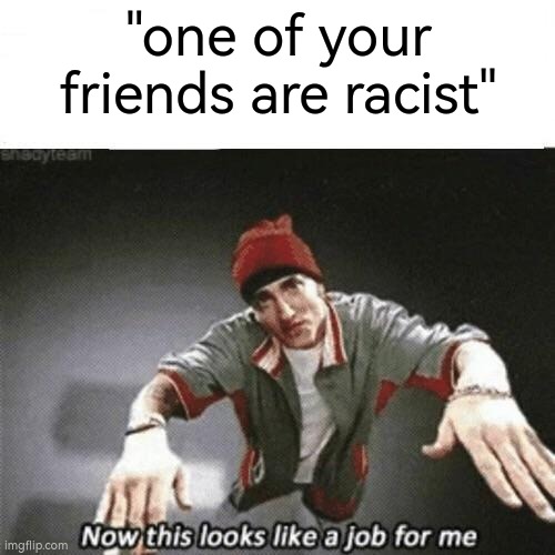 Now this looks like a job for me | "one of your friends are racist" | image tagged in now this looks like a job for me | made w/ Imgflip meme maker