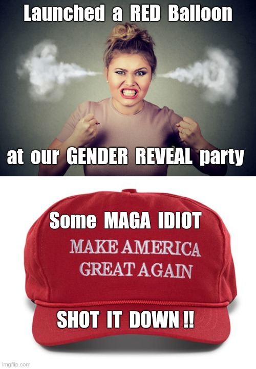 C'mon Guys !?! | Launched  a  RED  Balloon; at  our  GENDER  REVEAL  party; Some  MAGA  IDIOT; SHOT  IT  DOWN !! | image tagged in pissed woman steam coming out of ears 580x400,maga hat,rick75230,gender reveal,hot air balloon | made w/ Imgflip meme maker