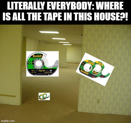 Meme #411 | LITERALLY EVERYBODY: WHERE IS ALL THE TAPE IN THIS HOUSE?! | image tagged in the backrooms,tape,relatable,flex tape,duct tape,true | made w/ Imgflip meme maker