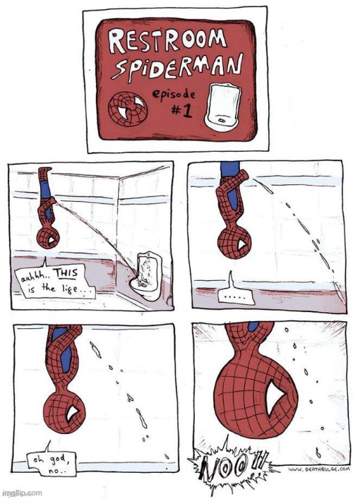 Some fates are worst than death | image tagged in repost,spiderman,superheroes,bathroom | made w/ Imgflip meme maker