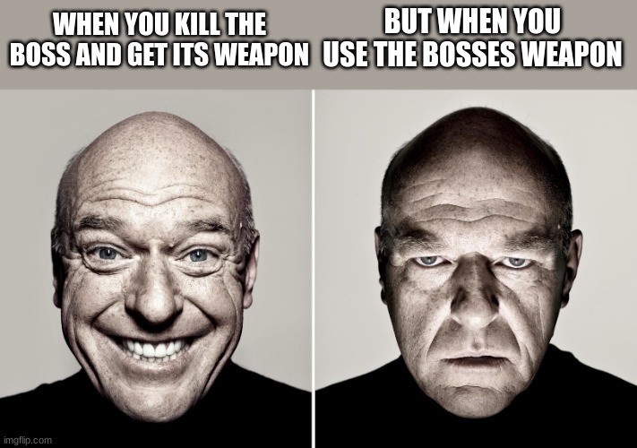 BRUH | BUT WHEN YOU USE THE BOSSES WEAPON; WHEN YOU KILL THE BOSS AND GET ITS WEAPON | image tagged in dean norris's reaction | made w/ Imgflip meme maker