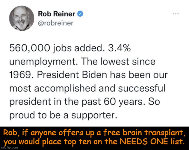 Rob, one ridiculous waste of space... | Rob, if anyone offers up a free brain transplant, 
you would place top ten on the NEEDS ONE list. | image tagged in politics,rob reiner,dumb people,democrat,out to lunch,living in a parallel world | made w/ Imgflip meme maker