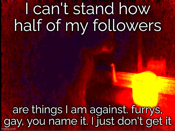 Any of you guys can relate? | I can't stand how half of my followers; are things I am against. furrys, gay, you name it. I just don't get it | image tagged in cat with candle | made w/ Imgflip meme maker