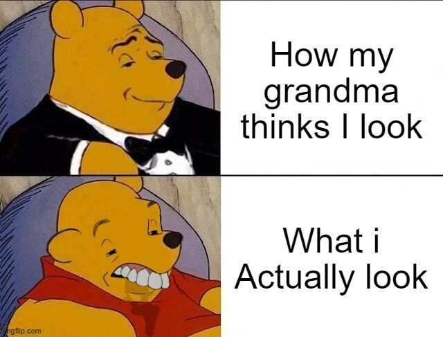 Me: "Why do i look so ugly?" Grandma: "No son, You're beautiful." | How my grandma thinks I look; What i Actually look | image tagged in tuxedo winnie the pooh grossed reverse,grandma,memes,funny,relatable memes,best better blurst | made w/ Imgflip meme maker