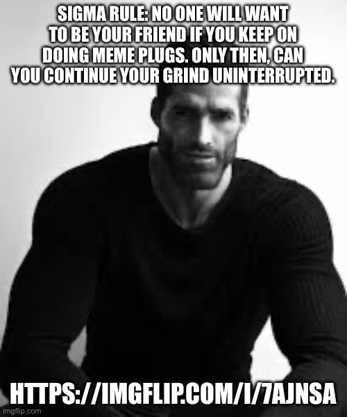 SIGMA RULE: NO ONE WILL WANT TO BE YOUR FRIEND IF YOU KEEP ON DOING MEME PLUGS. ONLY THEN, CAN YOU CONTINUE YOUR GRIND UNINTERRUPTED. HTTPS://IMGFLIP.COM/I/7AJNSA | made w/ Imgflip meme maker