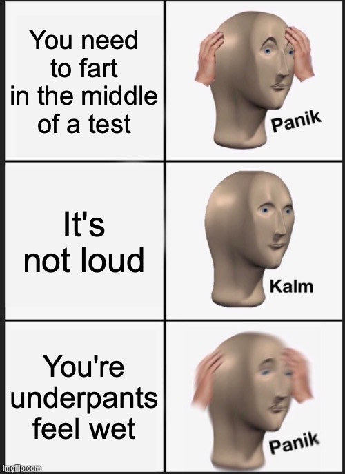 oOoOoOpSiEsS | You need to fart in the middle of a test; It's not loud; You're underpants feel wet | image tagged in memes,panik kalm panik,test,mistake | made w/ Imgflip meme maker