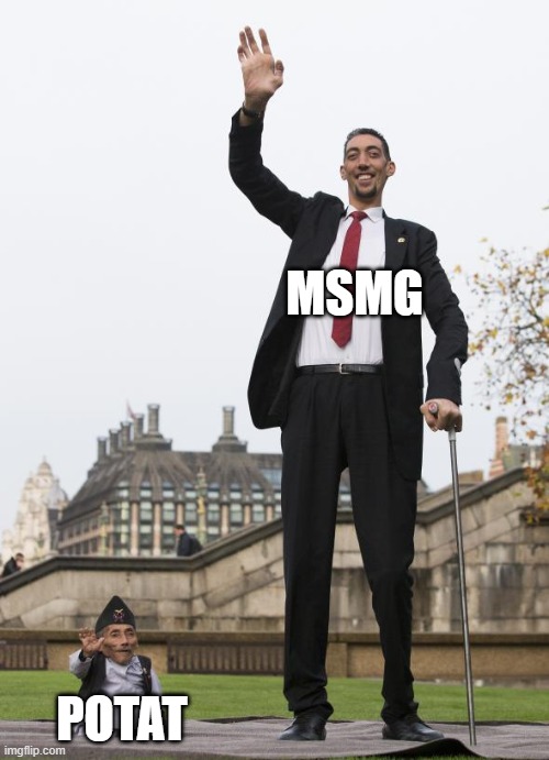 :} | MSMG; POTAT | image tagged in short woman vs tall man | made w/ Imgflip meme maker