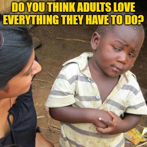 Third World Skeptical Kid Meme | DO YOU THINK ADULTS LOVE EVERYTHING THEY HAVE TO DO? | image tagged in memes,third world skeptical kid | made w/ Imgflip meme maker