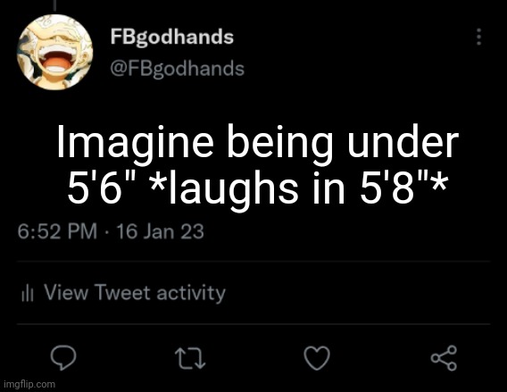 Still in puberty, so I could be 5'9" now, idk | Imagine being under 5'6" *laughs in 5'8"* | image tagged in pie charts | made w/ Imgflip meme maker