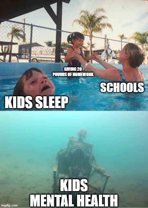 schools be like | GIVING 20 POUNDS OF HOMEWORK; SCHOOLS; KIDS SLEEP; KIDS MENTAL HEALTH | image tagged in swimming pool kids | made w/ Imgflip meme maker