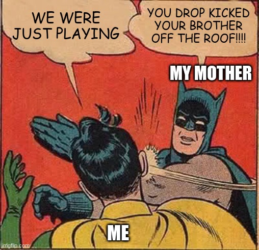 Oops? | WE WERE JUST PLAYING; YOU DROP KICKED YOUR BROTHER OFF THE ROOF!!!! MY MOTHER; ME | image tagged in memes,batman slapping robin,siblings | made w/ Imgflip meme maker