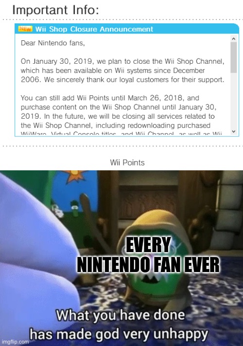 Wii games on switch when? | EVERY NINTENDO FAN EVER | image tagged in what you have done has made god very unhappy,wii,nintendo | made w/ Imgflip meme maker