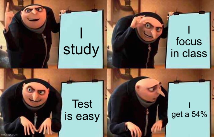 Gru's Plan | I study; I focus in class; Test is easy; I get a 54% | image tagged in memes,gru's plan | made w/ Imgflip meme maker