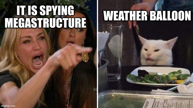 Woman yelling at white cat | IT IS SPYING
MEGASTRUCTURE; WEATHER BALLOON | image tagged in woman yelling at white cat | made w/ Imgflip meme maker