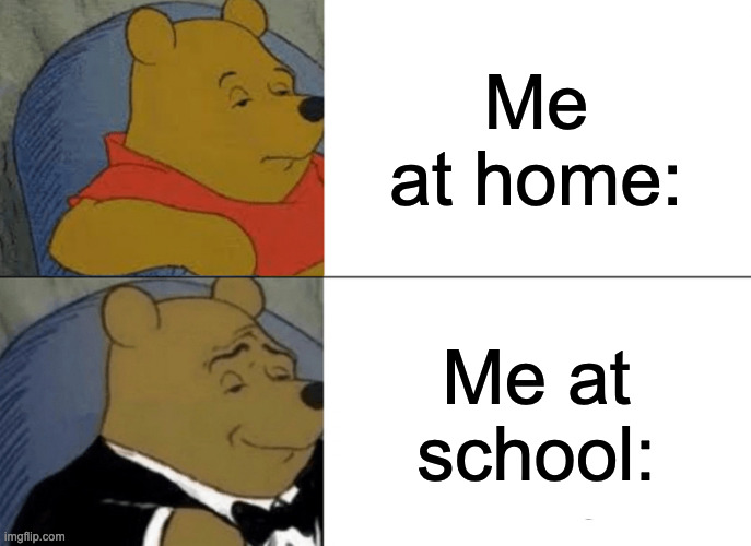 Tuxedo Winnie The Pooh Meme | Me at home:; Me at school: | image tagged in memes,tuxedo winnie the pooh | made w/ Imgflip meme maker