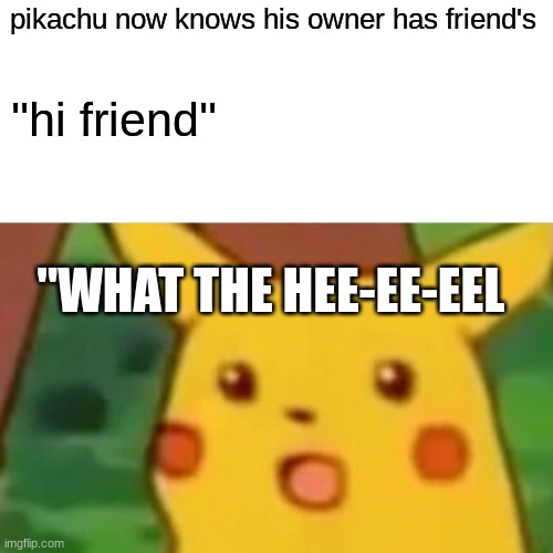 Surprised Pikachu | pikachu now knows his owner has friend's; ''hi friend''; ''WHAT THE HEE-EE-EEL | image tagged in memes,surprised pikachu | made w/ Imgflip meme maker