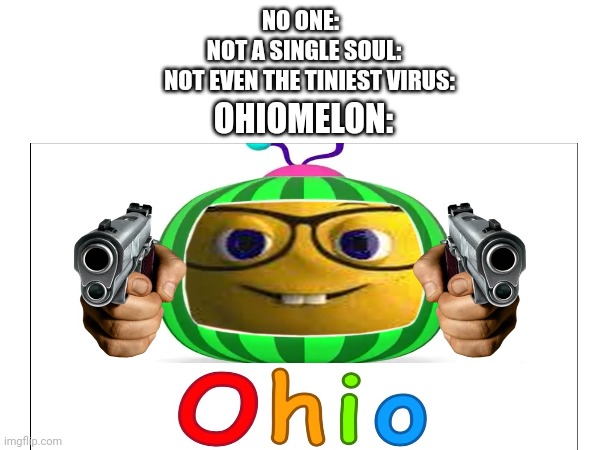 Yep, this is a thing and we should be more worried about it | NO ONE:; NOT A SINGLE SOUL:; NOT EVEN THE TINIEST VIRUS:; OHIOMELON: | image tagged in watermelon,cocomelon,ohio,only in ohio,ohio state | made w/ Imgflip meme maker