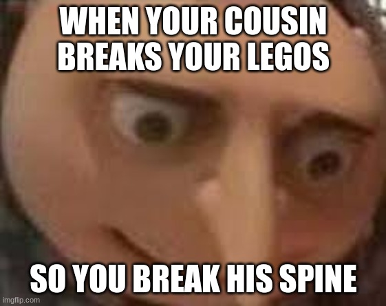 Gru Face | WHEN YOUR COUSIN BREAKS YOUR LEGOS; SO YOU BREAK HIS SPINE | image tagged in gru face | made w/ Imgflip meme maker