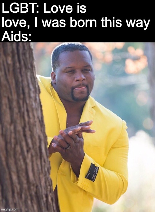I pray for people suffering with AIDS, it's really sad that they have to go through that. | LGBT: Love is love, I was born this way
Aids: | image tagged in black guy hiding behind tree | made w/ Imgflip meme maker