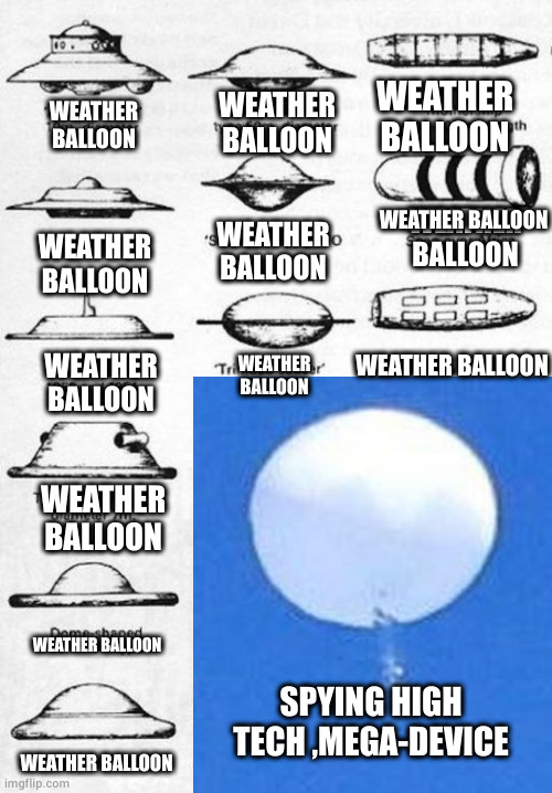 US goverment classification of ufo and airborne objects | WEATHER BALLOON; WEATHER BALLOON; WEATHER BALLOON; WEATHER BALLOON; WEATHER BALLOON; WEATHER BALLOON; WEATHER BALLOON; WEATHER BALLOON; WEATHER BALLOON; WEATHER BALLOON; WEATHER BALLOON; WEATHER BALLOON; SPYING HIGH TECH ,MEGA-DEVICE; WEATHER BALLOON | image tagged in balloon,ufo | made w/ Imgflip meme maker