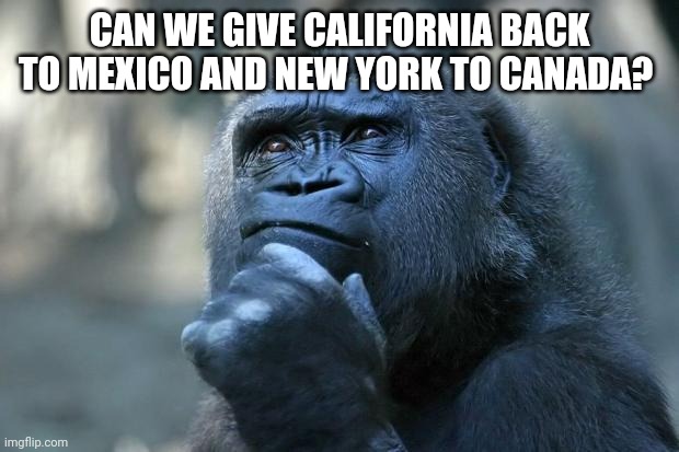 Deep Thoughts | CAN WE GIVE CALIFORNIA BACK TO MEXICO AND NEW YORK TO CANADA? | image tagged in deep thoughts | made w/ Imgflip meme maker