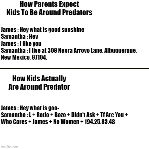 Expectations | How Parents Expect Kids To Be Around Predators; James : Hey what is good sunshine

Samantha : Hey

James : I like you

Samantha : I live at 308 Negra Arroyo Lane, Albuquerque,
New Mexico, 87104. How Kids Actually Are Around Predator; James : Hey what is goo-

Samantha : L + Ratio + Bozo + Didn't Ask + Tf Are You + 
Who Cares + James + No Women + 194.25.83.48 | image tagged in memes,blank transparent square | made w/ Imgflip meme maker