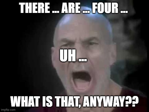 Picard Four Lights | THERE … ARE … FOUR … WHAT IS THAT, ANYWAY?? UH … | image tagged in picard four lights | made w/ Imgflip meme maker